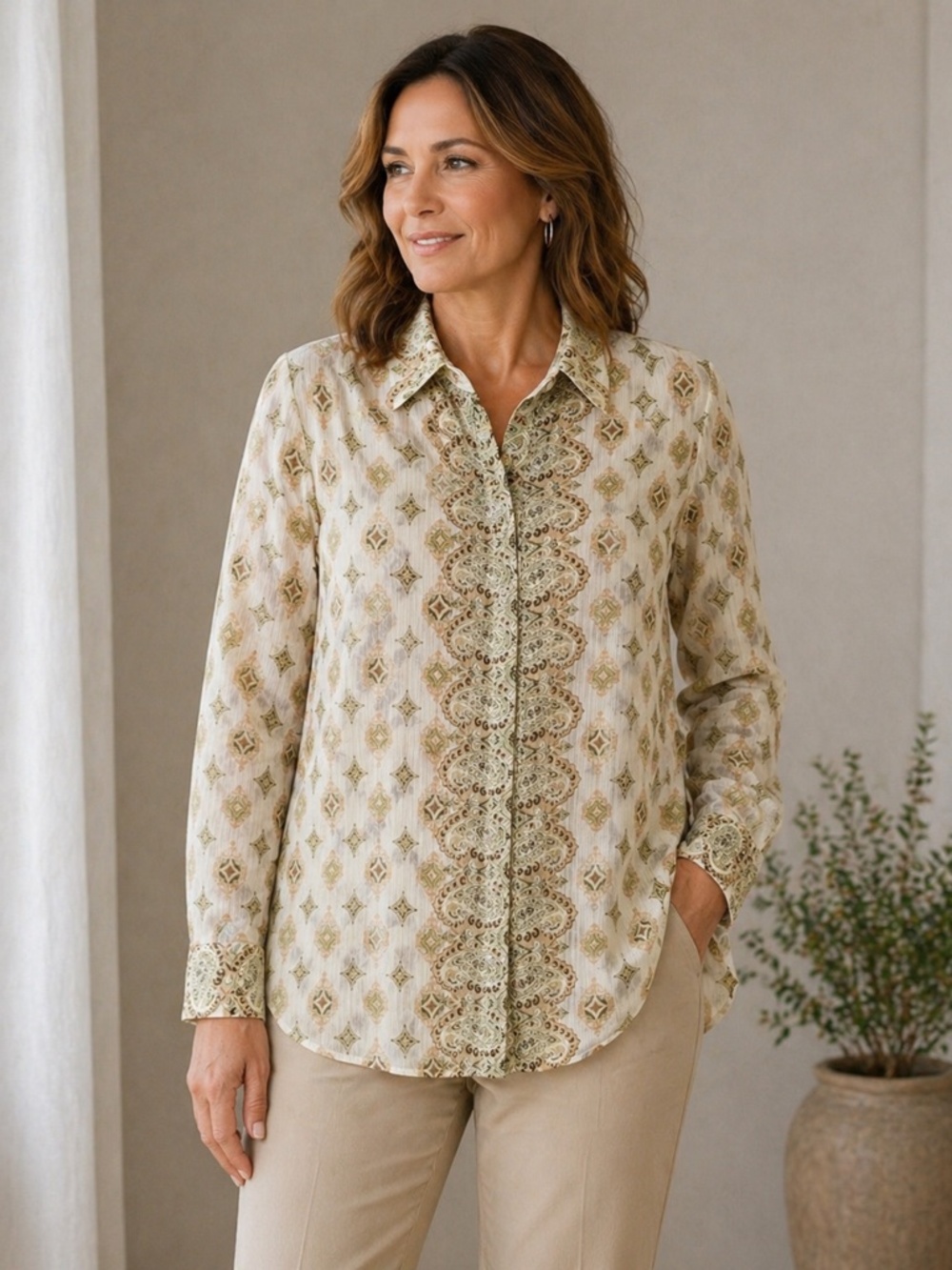 Chico’s New with Tags Ivory Gold Print Blouse Size 2X Button Front Career Top